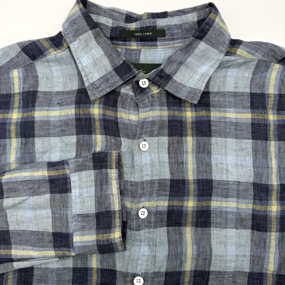 Rodd & Gunn Shirt Mens L Blue Yellow Plaid Sports Fit 100% Linen Woven In Italy